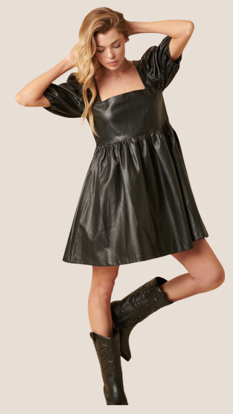 knee length dresses for ladies Preyu Black Vegan Leather Mini Dress – Aclosy