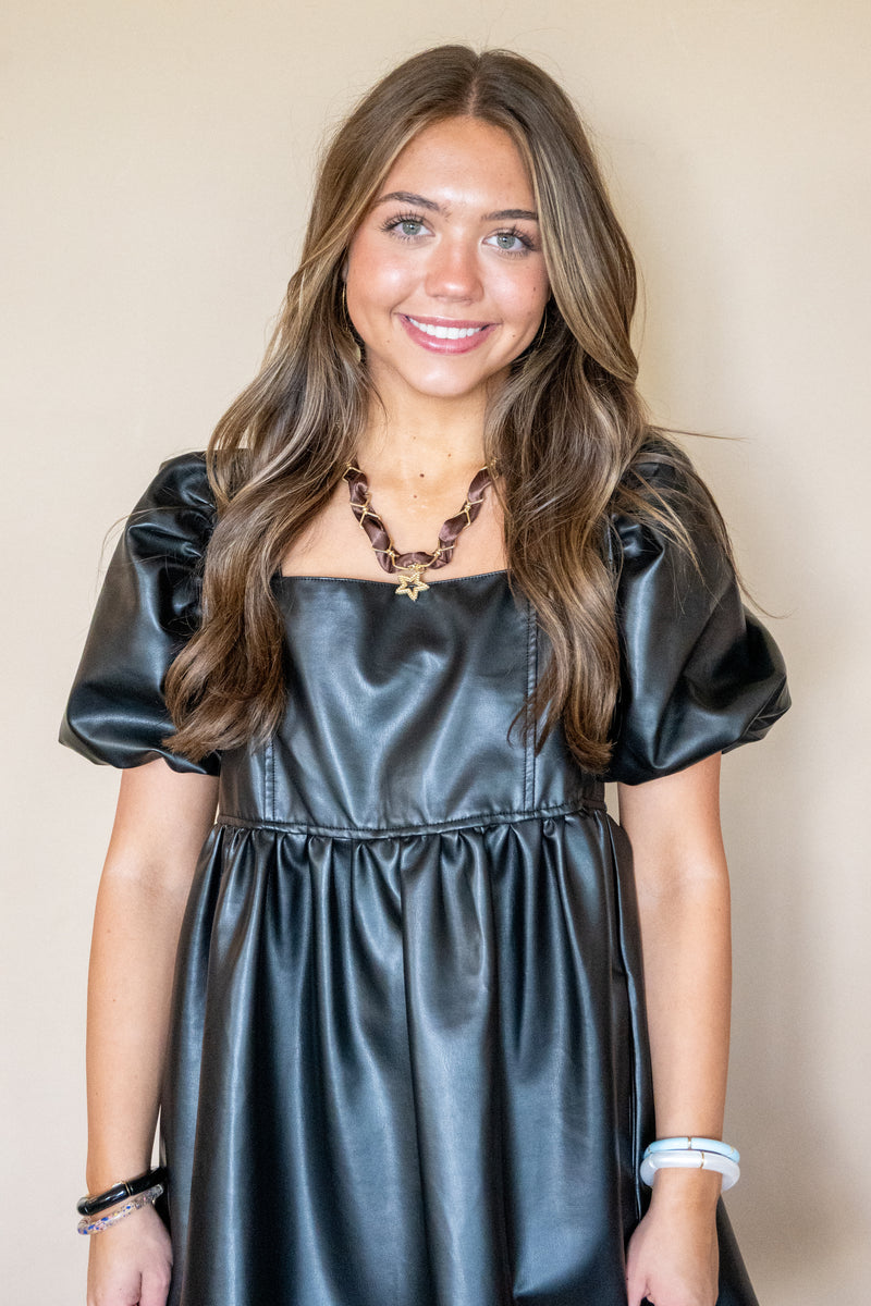 knee length dresses for ladies Back in Black Vegan Leather Dress – Millie B